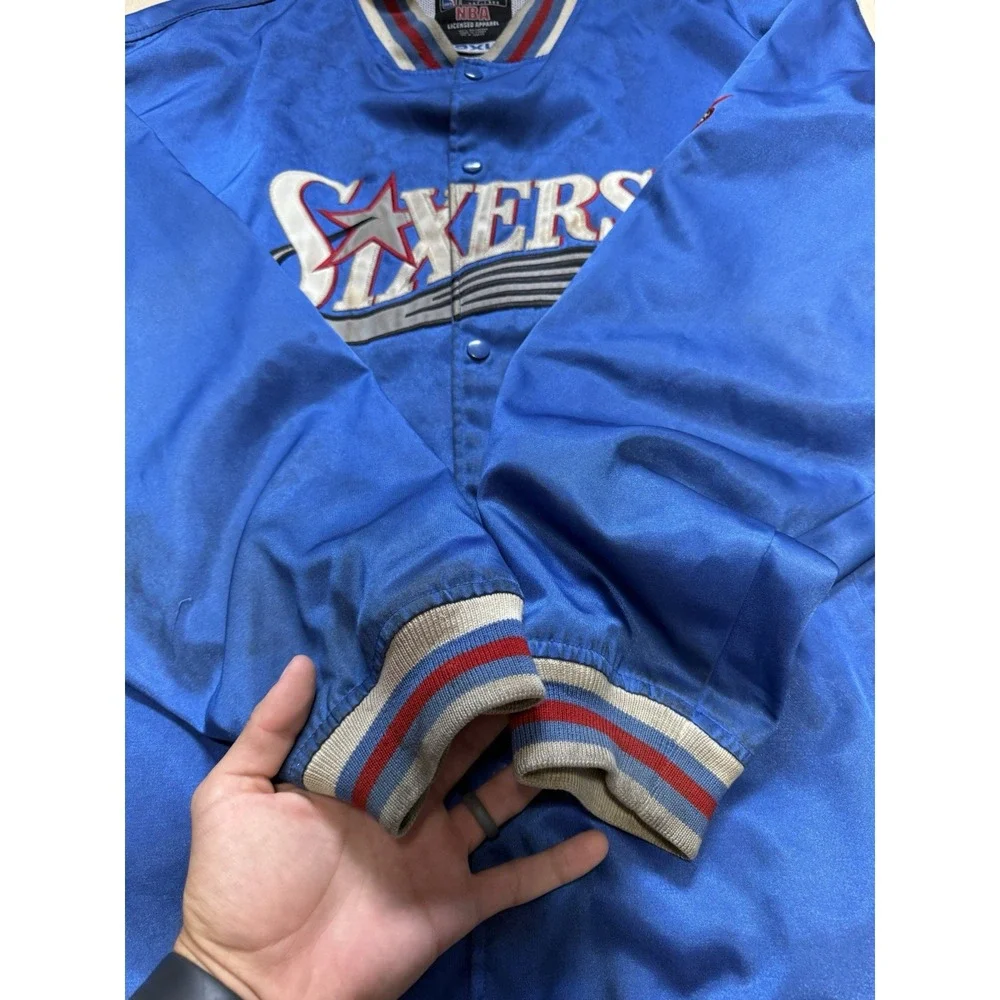 Philadelphia 76ers NBA Satin Button Up Jacket Coat UNK Men's Size 2XL Blue Snap